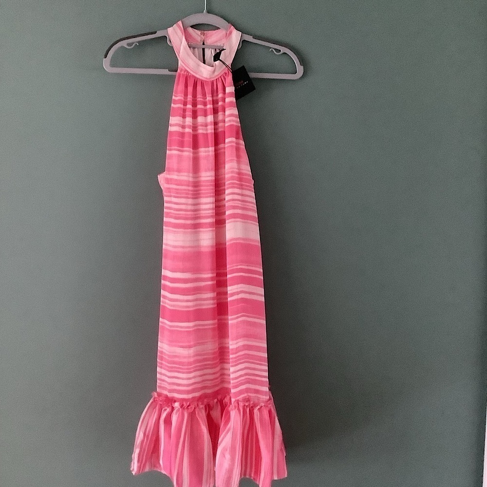 Trina Turk Zuri Pink Striped Ruffle Hem Halter Mini Dress Size XL New - Picture 2 of 6